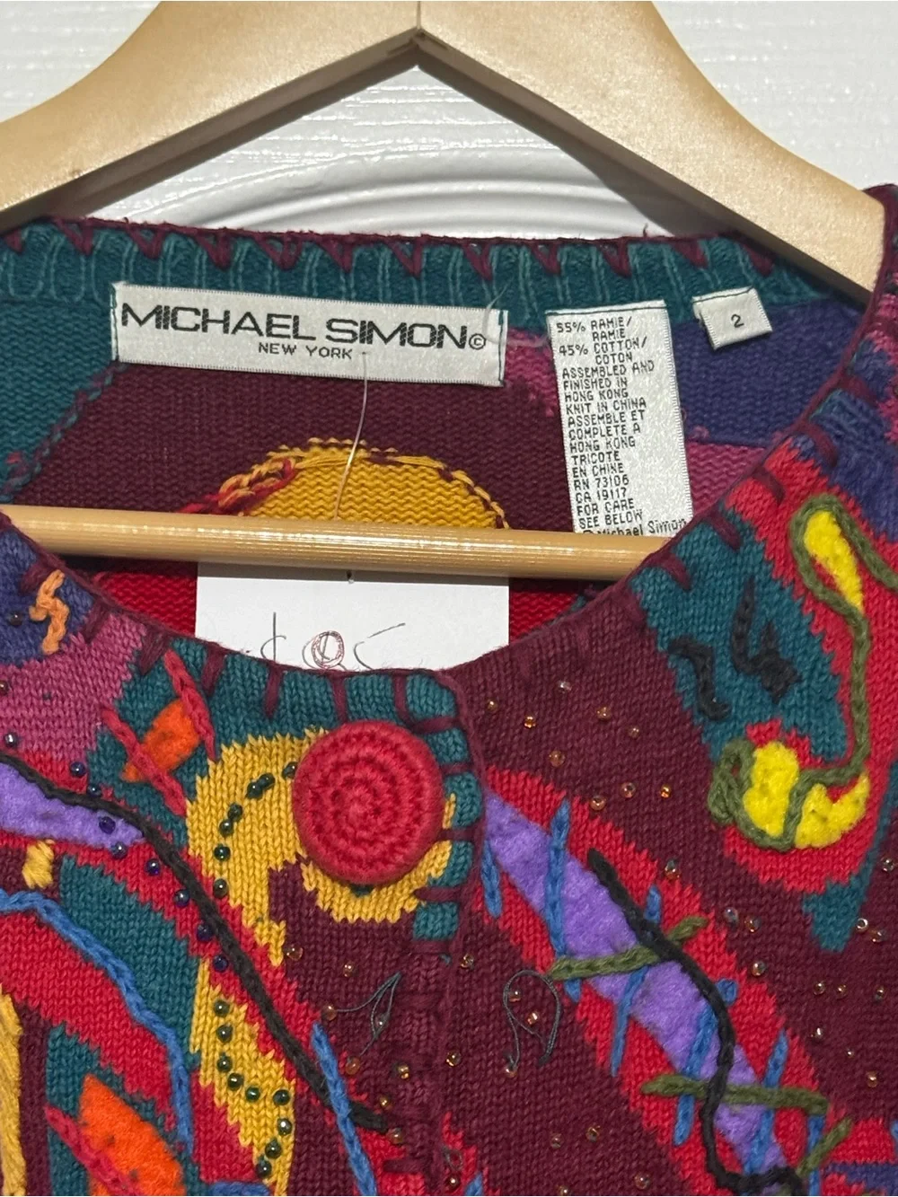 Michael Simon Multicolor Abstract Knit Cardigan with Red and Purple Accents